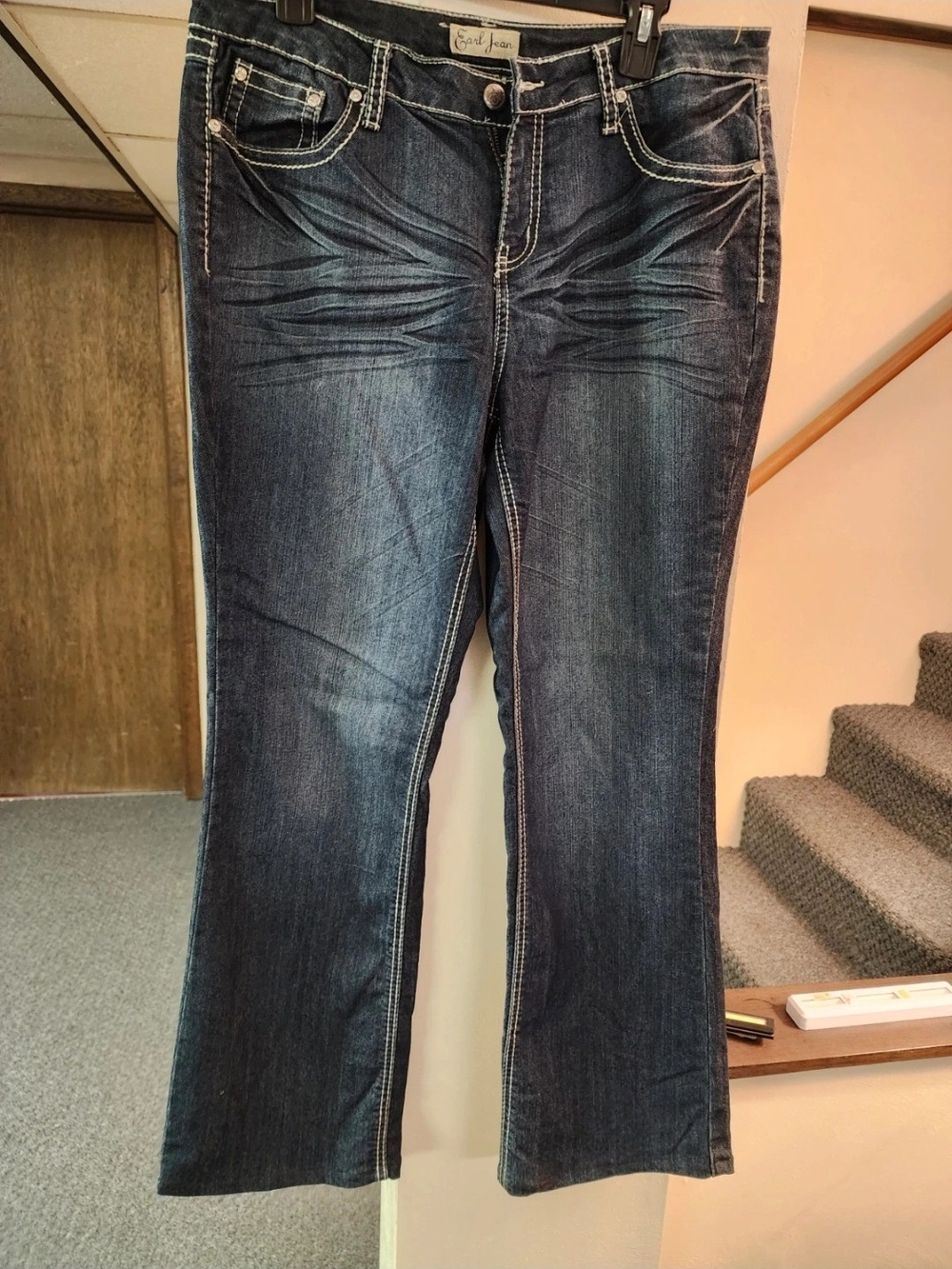 Earl Jeans Dark Blue Flare Jeans with Contrast Stitching Rhinestones Sz 12